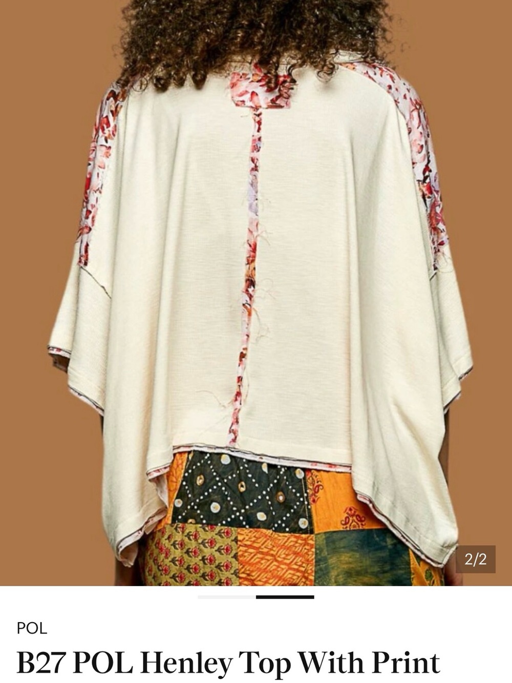 B27 POL Henley Top With Print Sleeves Natural NEW - Picture 2 of 2
